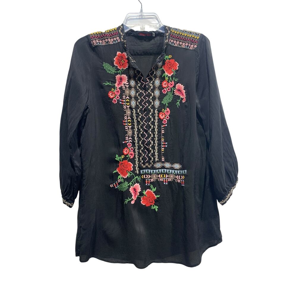 Johnny Was Embroidered Floral Top SZ Small‎ Black Blouse Boho Summer Tunic